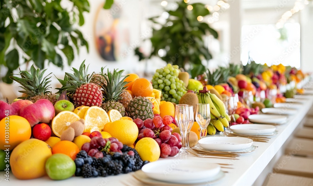Poster a vibrant fruitarian banquet featuring an array of fresh fruits on a long table set for a gathering 