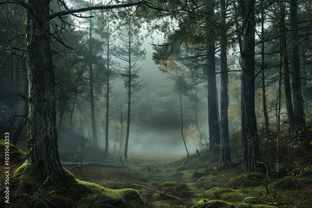 Poster a serene forest landscape at dawn with mist enveloping trees and a gentle stream reflecting soft lig
