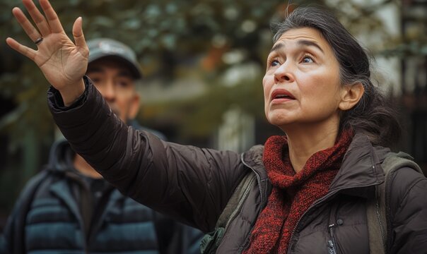 A woman raises her hand in a gesture of frustration while standing outdoors as a man looks on, capturing a moment of intense emotion between them