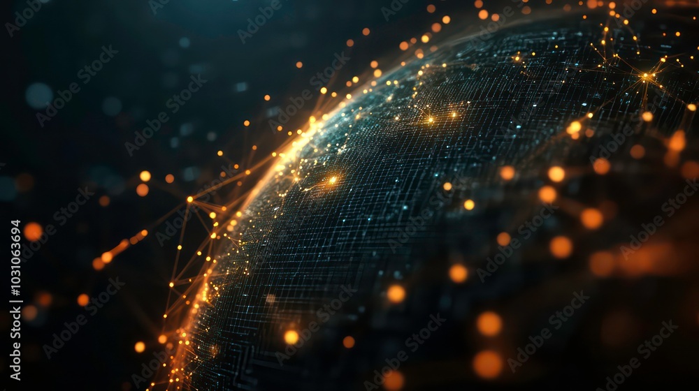 Aufkleber a glowing globe with digital connections and network points on a dark background.