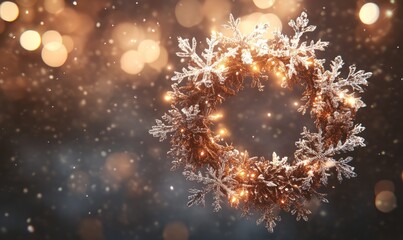 A shimmering Christmas wreath made of glowing light trails and delicate snowflakes, hanging in the air against a softly blurred background