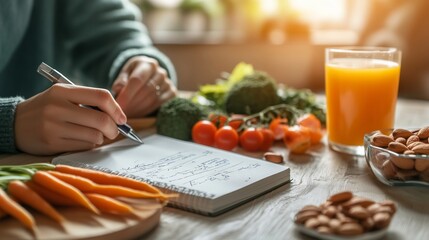 Woman planning healthy meal plan with vegetables and fruits