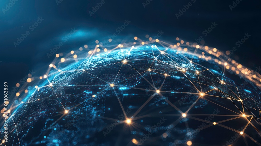 Aufkleber a digital representation of the earth with a network of glowing lines connecting cities and continen