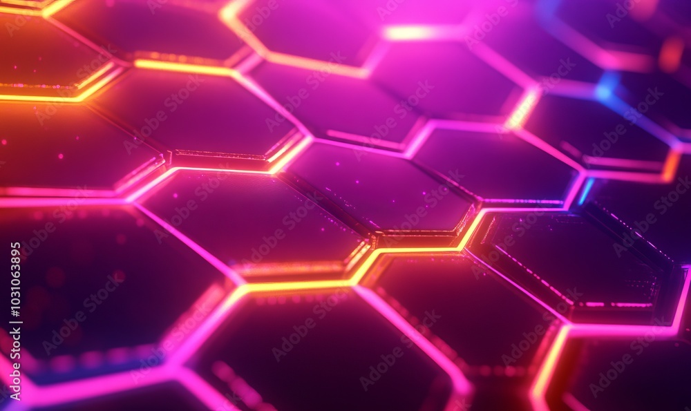 Poster abstract and futuristic hexagonal background with colorful and glowing neon effect. modern technolog
