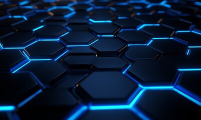 Obraz premium A sleek, modern honeycomb pattern with glowing blue neon lines on a dark background signaling technology and connectivity