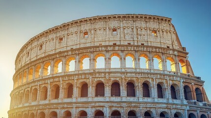 Fototapeta premium Golden hour over Roman coliseum sunlight casting warm tones on arches and stone