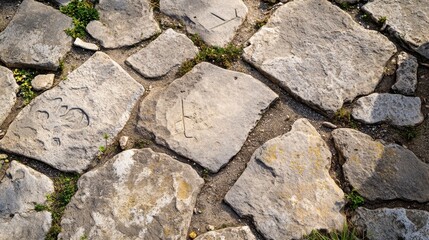 Obraz premium Detailed view of Roman forum's stone pavement grass growing between worn stones