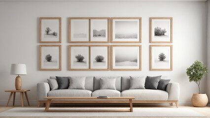 Fototapeta premium Empty close-up photo frames on the living room wall, an interior design illustration mockup template, and an empty poster frames mock-up template.