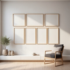 Empty close-up photo frames on the living room wall, an interior design illustration mockup template, and an empty poster frames mock-up template.