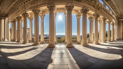 Obraz premium Symmetrical columns in Roman temple courtyard bright sun casting long shadows