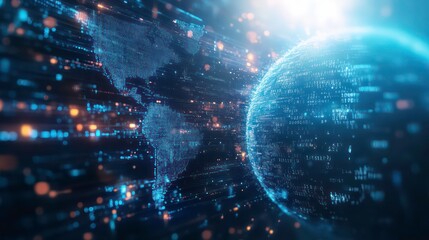 A glowing blue digital globe with data flowing around it, representing global connectivity and the digital age.