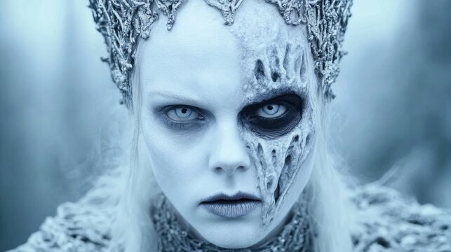 Ancient Scandinavian Germanic goddess Hel with a haunting gaze, half face adorned with intricate icy patterns, AI