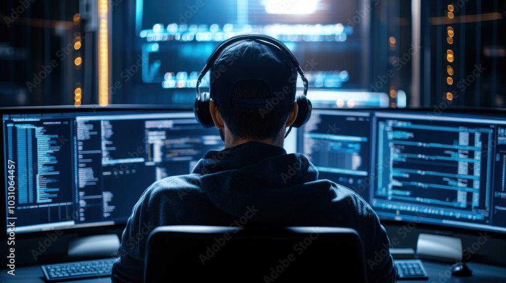 Leinwandbilder Back View of a Hacker Using Multiple Computers in a Dark Room