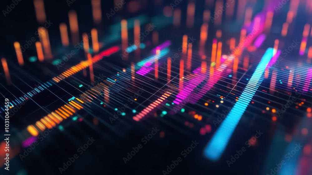 Poster abstract digital background with colorful glowing lines and dots, creating a futuristic and technolo
