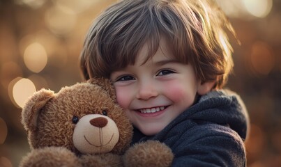 A young boy is smiling and holding a teddy bear