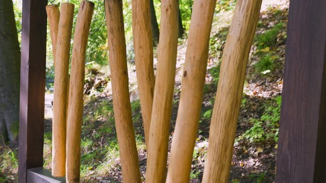 Musical instrument dendrofon. The sticks are made of beech, oak, linden, birch, spruce, pine, maple and ash. The sound is produced by hitting the sticks with a wooden mallet.
