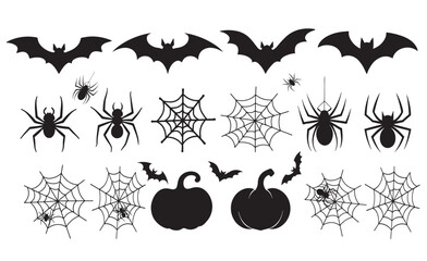 Set of bats, spiders, and cobwebs, isolated on a white background. Vector illustration of traditional Halloween decorative elements. Ideal for spooky decor and Halloween-themed designs.