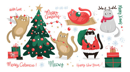 Set of Merry christmas and happy new year kawaii cats. Collection drawing of cute cats with chrastmas elements. Design for banner, invitation, card, greeting, banner, cover, scrapbooking