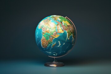 A detailed vintage globe showcasing the worlds continents, oceans, and countries against a dark background in a study setting