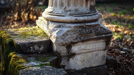 Detailed view of a Roman column base aged marble with small patches of moss