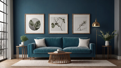 Empty close-up photo frames on the living room wall, an interior design illustration mockup template, and an empty poster frames mock-up template.