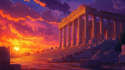 Obraz premium Roman temple at dusk sun setting behind columns casting long shadows on steps