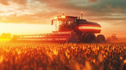 Fototapeta premium A modern combine harvester works in a field of wheat at sunset.