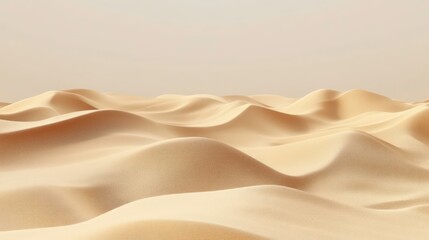 A vast, undulating desert landscape with gentle rolling sand dunes stretching out to the horizon under a clear sky.