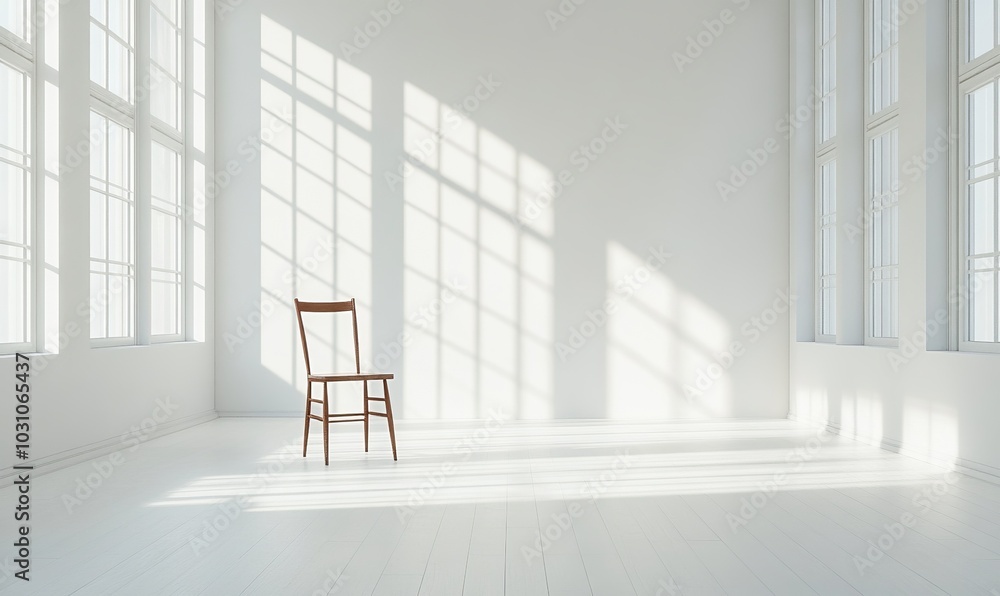 Poster clean white room with a single wooden chair placed in the center, soft natural light filtering throu