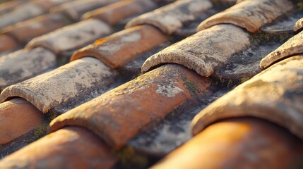 Terracotta tiles on Roman temple roof cracked and weathered by time