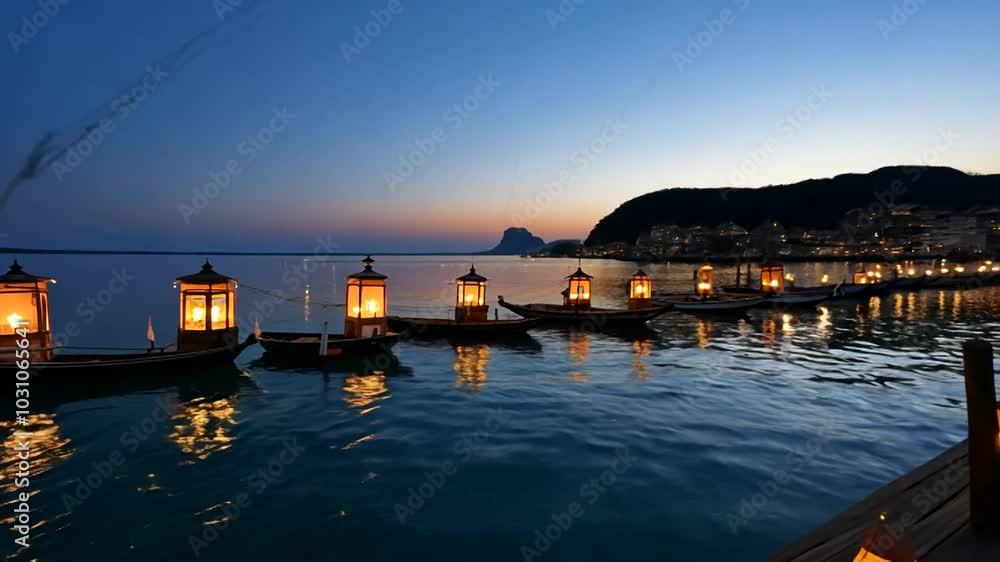 Poster row of boats with glowing lanterns on calm water at dusk with a mountain range in the background.