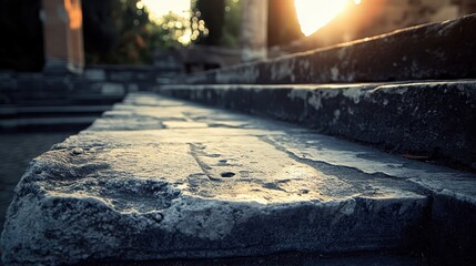Close-up of Roman forum stone steps worn smooth by foot traffic over centuries