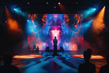 Spectators immersed in a vibrant digital art display during an evening event at a contemporary art gallery, showcasing a blend of light and color