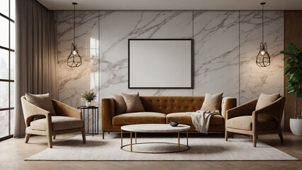 Empty close-up photo frame on the living room marble design wall, an interior design illustration mockup template, and an empty poster frame mock-up template.