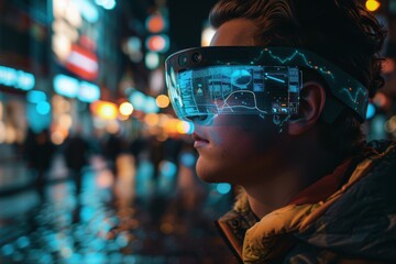 A person interacting with a futuristic holographic display in a high-tech environment showcasing brain activity analysis and virtual reality technology