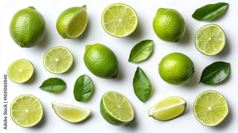 Wall mural collection of limes and lime slices, isolated on a bright white backdrop, accentuating their tart ap