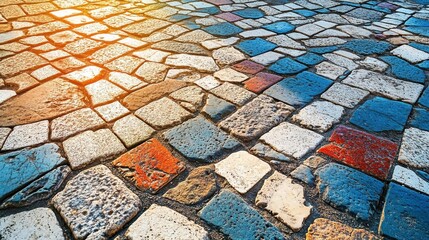 Detailed view of Roman forum mosaic floor bright light enhancing colors of tiles