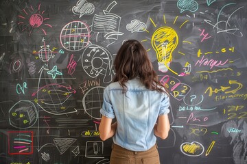 A student engaging creatively with chalk drawings on a blackboard while brainstorming ideas in a classroom setting