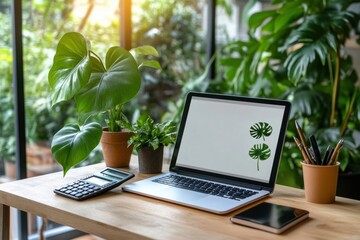 A modern workspace with a laptop, plants, and stationery in a bright, green indoor setting during daytime