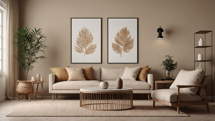Empty close-up photo frames on the living room beige wall, an interior design illustration mockup template, and an empty poster frames mock-up template.