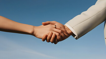 Close-up shot of two hands holding each other, symbolizing unity and commitment against a clear blue sky.