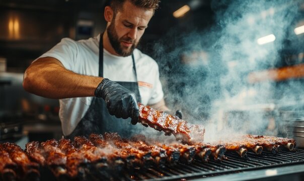 A barbecue master prepares ribs at a traditional barbecue joint, showcasing expertise and passion in a bustling kitchen environment