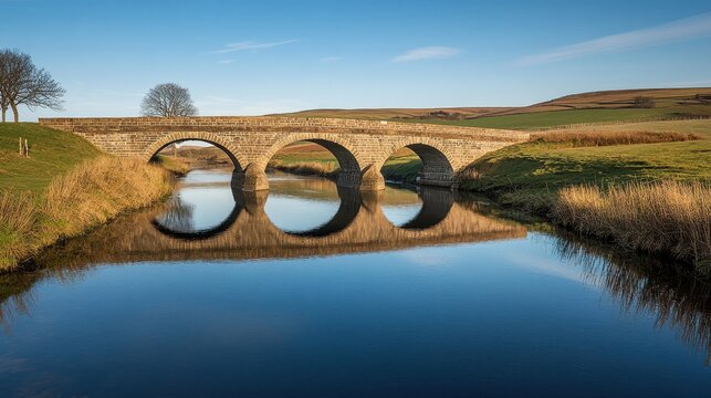 Wide-angle of Roman stone bridge reflected perfectly in river surrounded by grassy banks
