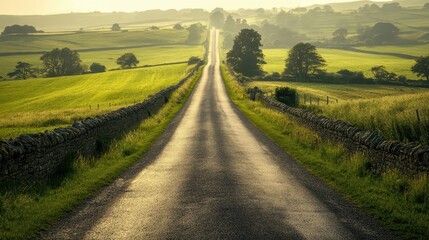 Naklejka premium Panoramic view of Roman road stretching into horizon bordered by ancient stone walls soft shadows cast by sunlight