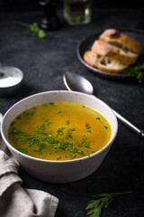 Chicken broth with parsley, healthy food