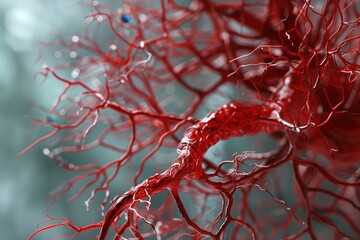 Intricate network of red veins illuminated against a dark backdrop, showcasing biological detail in a macro perspective of circulatory anatomy
