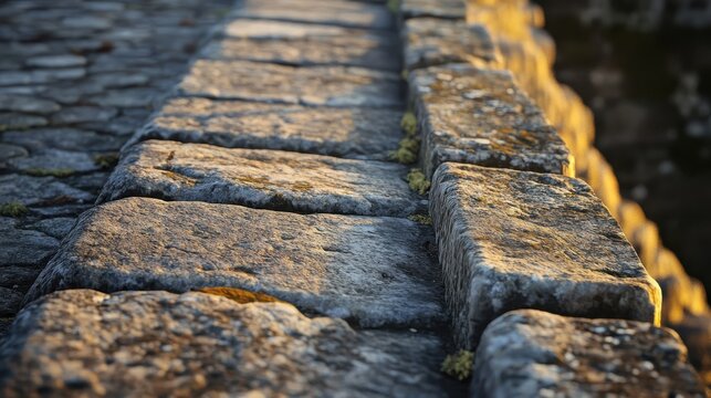 Stone parapet on Roman bridge weathered surface with cracks and moss sunlight enhancing texture of stone