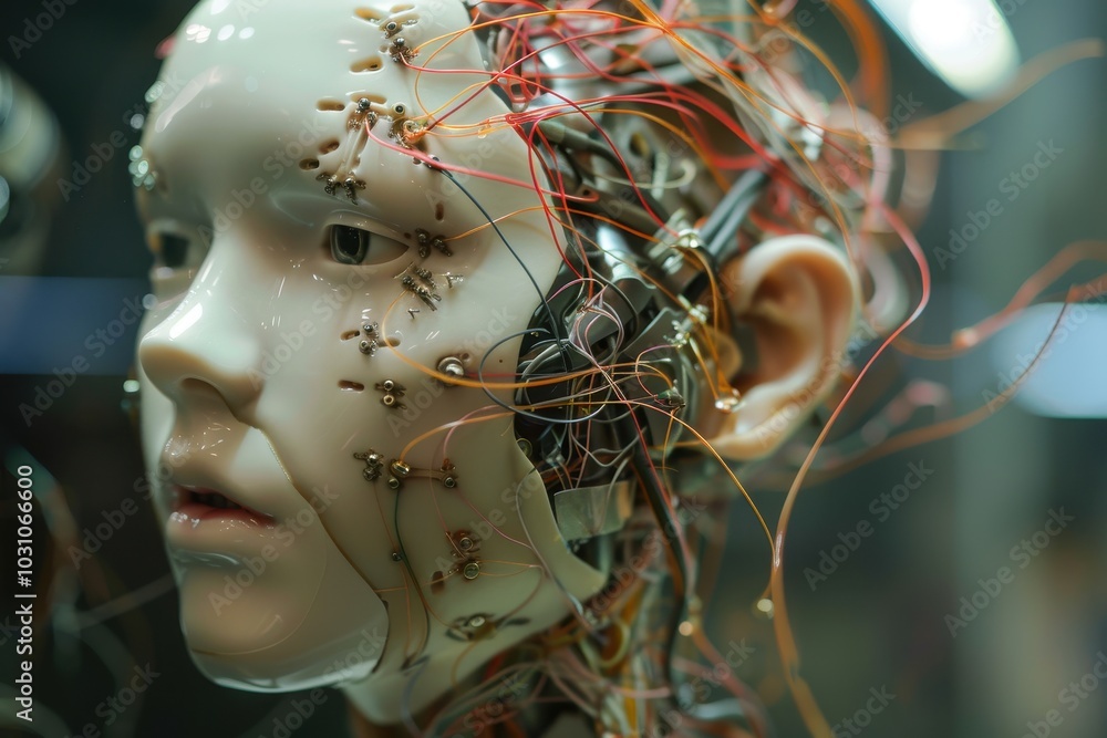 Fototapete A close-up view of a humanoid robot's head with intricate wiring and electronic components displayed at a technology expo in the heart of the city during the evening hours