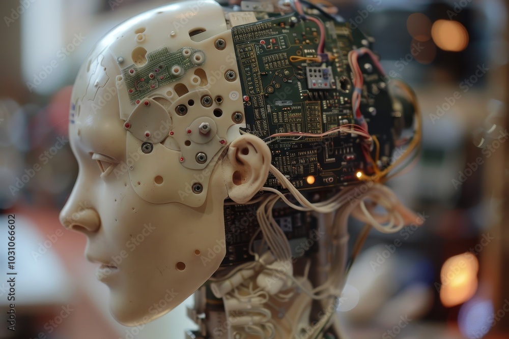 Leinwandbilder A close-up view of a humanoid robot's head with intricate wiring and electronic components displayed at a technology expo in the heart of the city during the evening hours