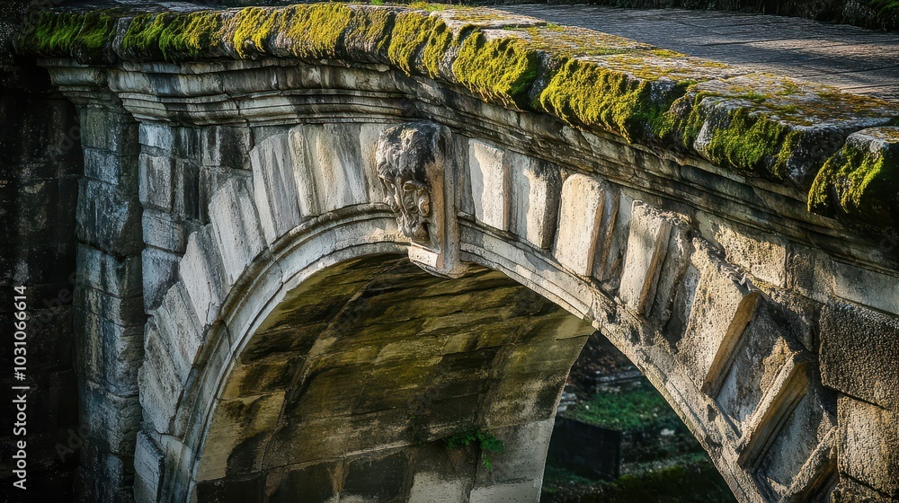 Sticker A Roman bridge's keystone is worn smooth with moss in its cracks illuminated by bright daylight